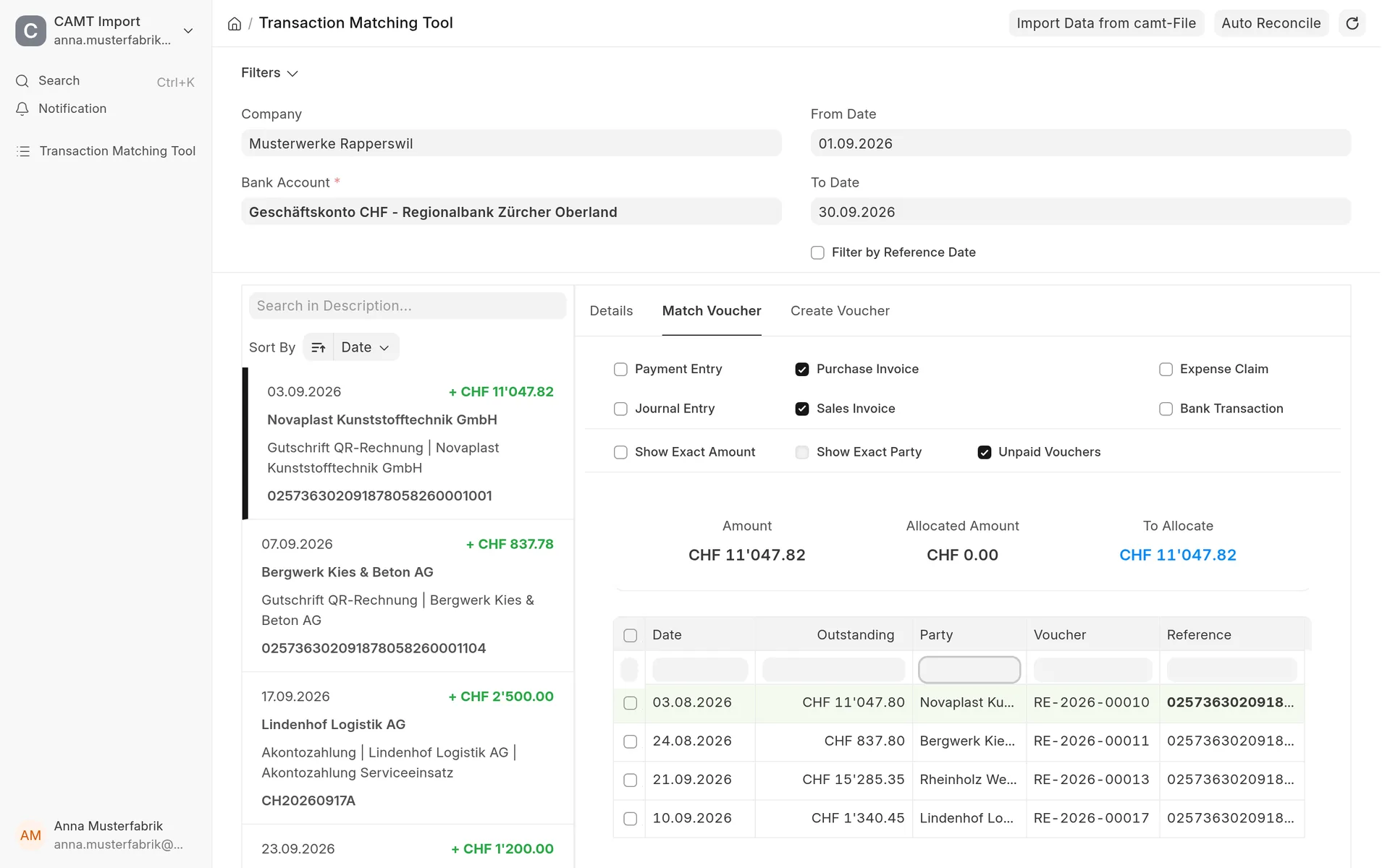 Bank reconciliation in ERPNext: payments from the camt statement matched to invoices