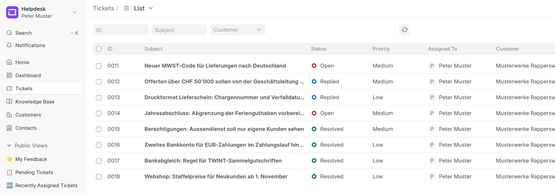 Ticket list in the helpdesk with open and resolved support requests