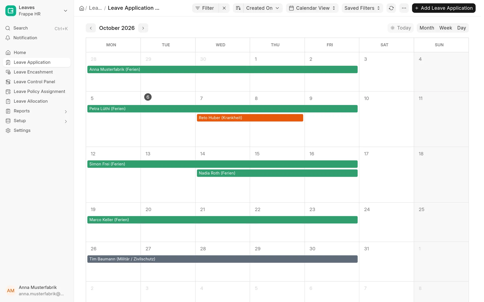 Team absence calendar for October with holidays, sick leave and military service